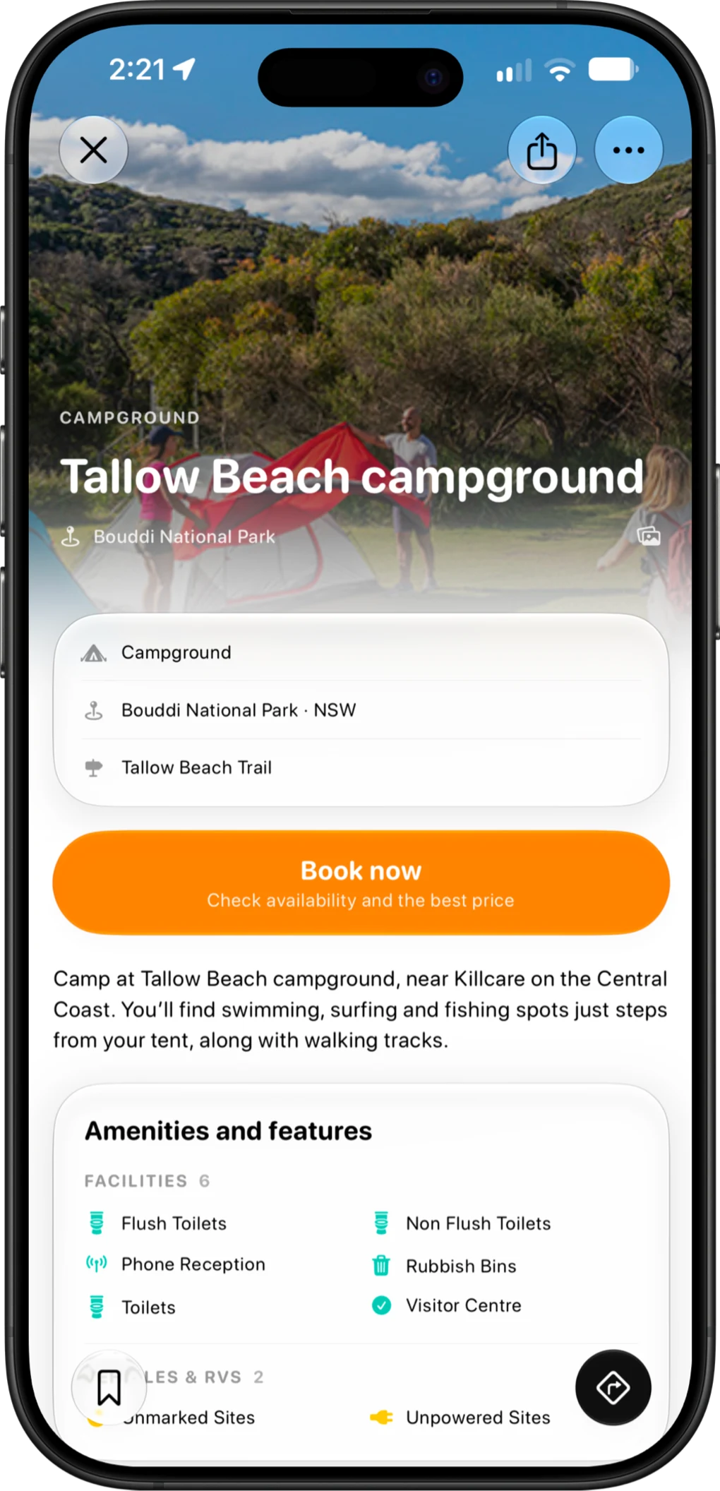 An AussieCamps place screen for a coastal campground, showing the fee, opening status, amenities and a booking link